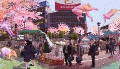 painting of people walking along sakura trees